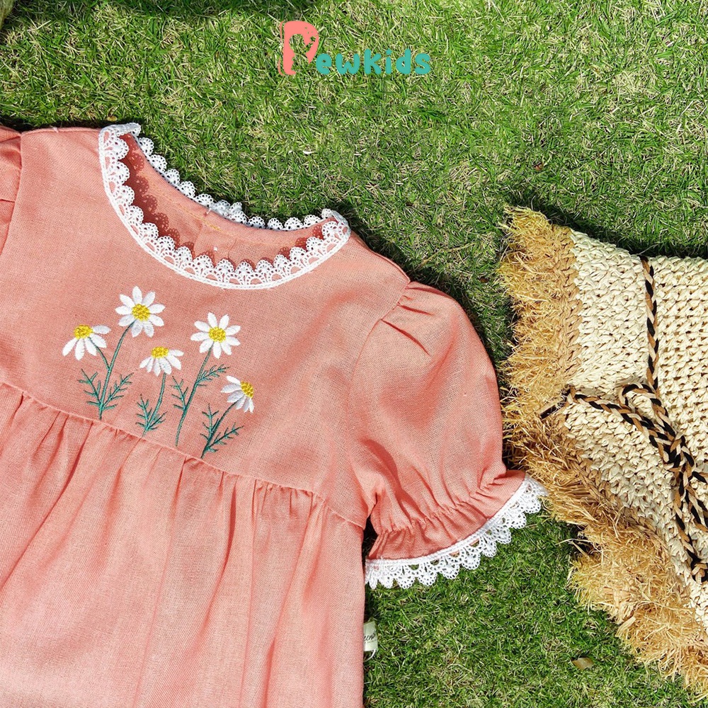 Váy cho bé gái Dewkids dáng babydoll vải linen phối viền ren đáng yêu