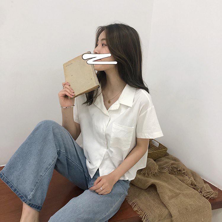 [EGANDA] Áo sơ mi nữ thô đũi viền cổ, áo kiểu nữ cộc tay cổ vest viền chỉ freesize. | BigBuy360 - bigbuy360.vn