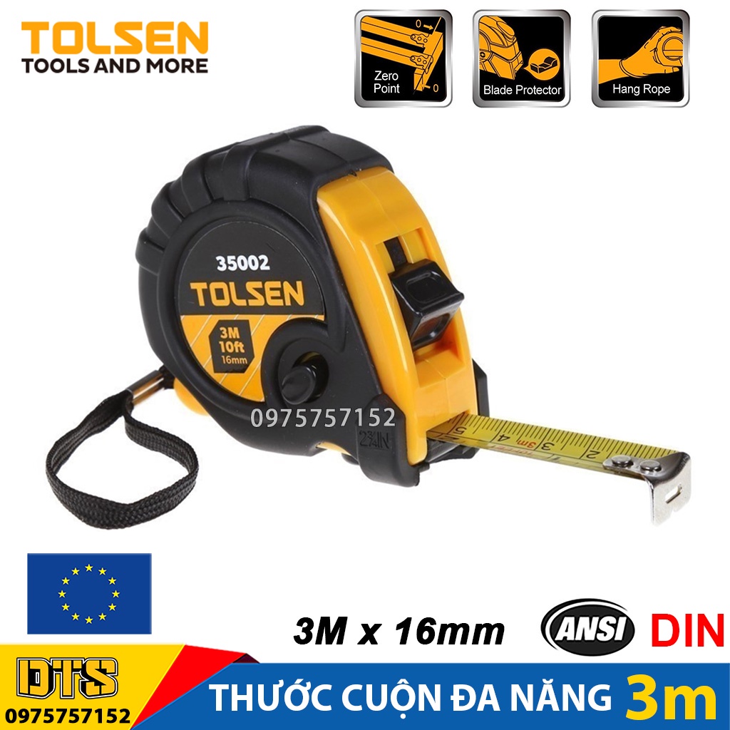 Thước cuộn đa năng 3m TOLSEN, thước kéo thép khóa 3 trong 1 nền vàng vỏ ABS chống va đập phủ TPR – Tiêu chuẩn châu Âu