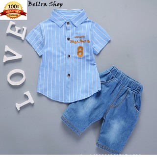Mua 1 Bộ Bé Trai Hàn Quốc Bao Gôm 1 Áo Sơ Mi Sọc + 1 Quần Bò Vải Mềm Mát (tặng 1 bộ quần áo ngẫu nhiên )