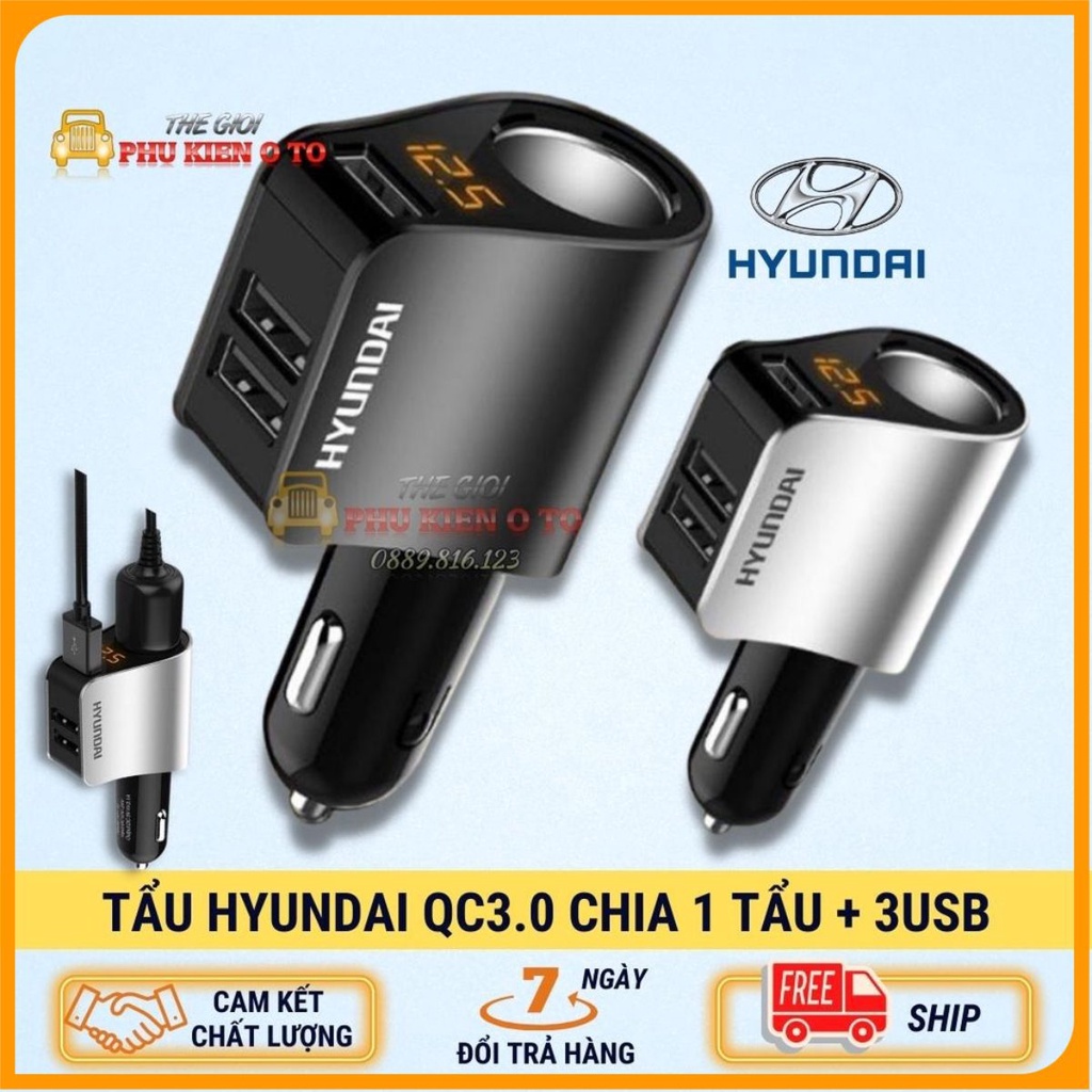 Tẩu sạc HYUNDAI HY-10 1 tẩu tròn và 3 USB nhỏ - có đèn led báo điện ap acquy