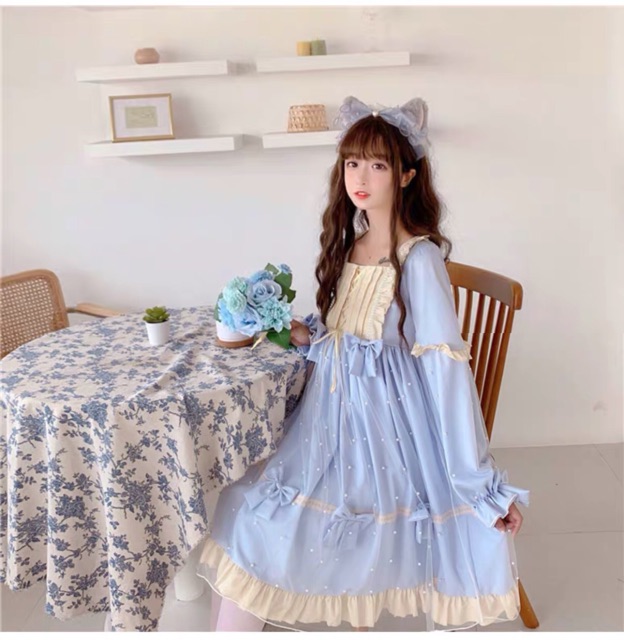 [Order] YAS0680-Váy Lolita cổ vuông phối lưới đính cườm