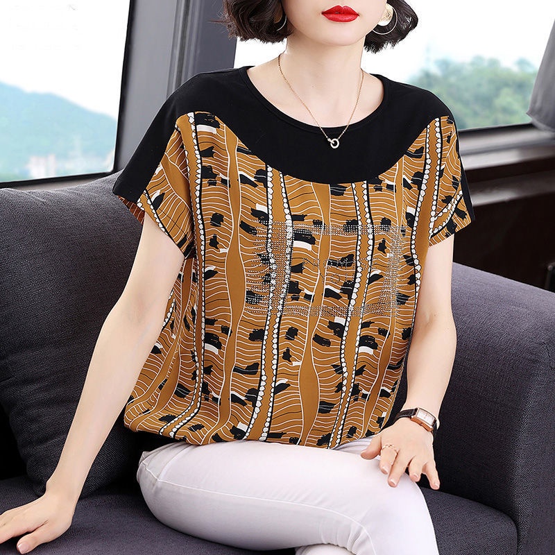 Áo thun chiffon cổ tròn tay ngắn dáng rộng thời trang mùa hè cho phụ nữ trung niên