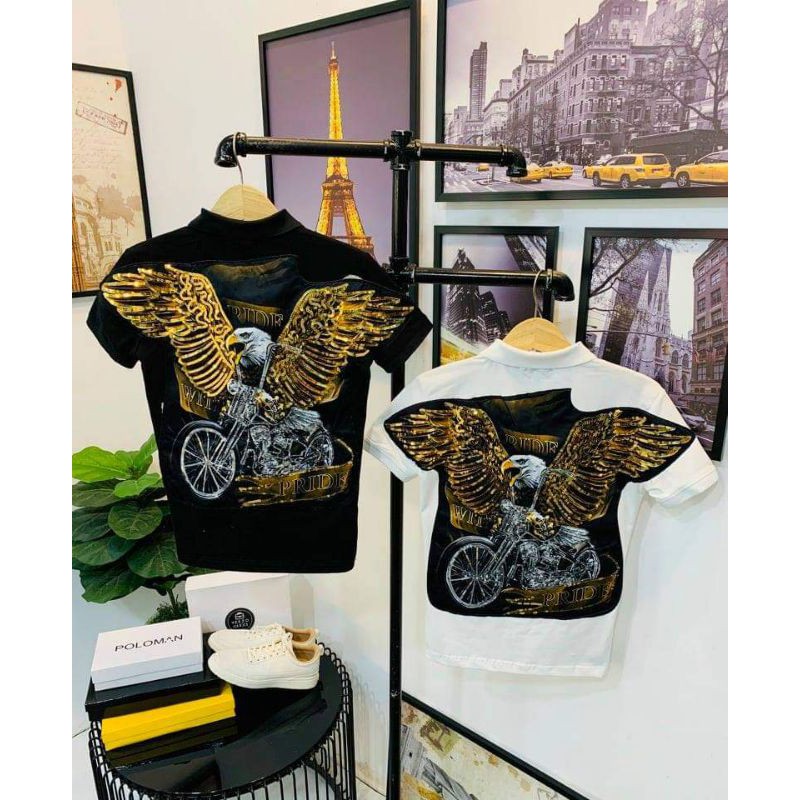 Áo thun cổ bẻ nam nữ Gucciis full đính đá kim sa đại bàng - chim ưng cực chất , 💯 vải cotton