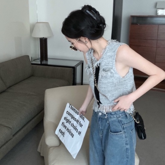 QKOOLE  Áo Dệt Kim Sát Nách Cổ Tròn Phong Cách Hàn Quốc Cho Nữ