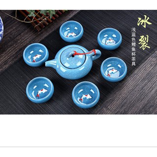 Bộ ấm chén uống trà in cá 3D tráng men