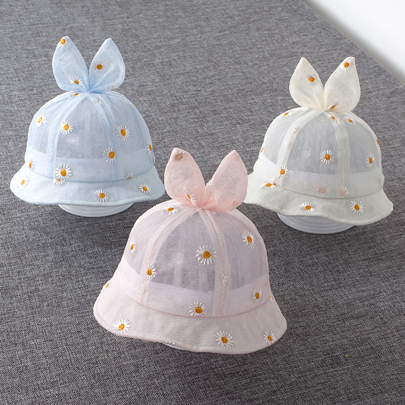 Mũ vành tròn cho bé từ 4 đến 12 tháng có nơ và họa tiết hoa cúc