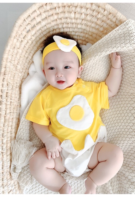 Bộ Đồ Liền Thân Dài Tay In Hình Quả Trứng+Băng Đô Cho Bé