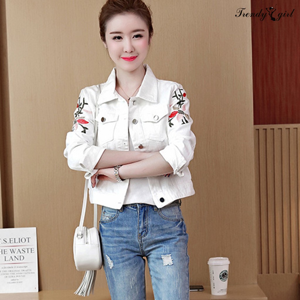 Áo Khoác Jean Nữ Tay Dài Thêu Hoa