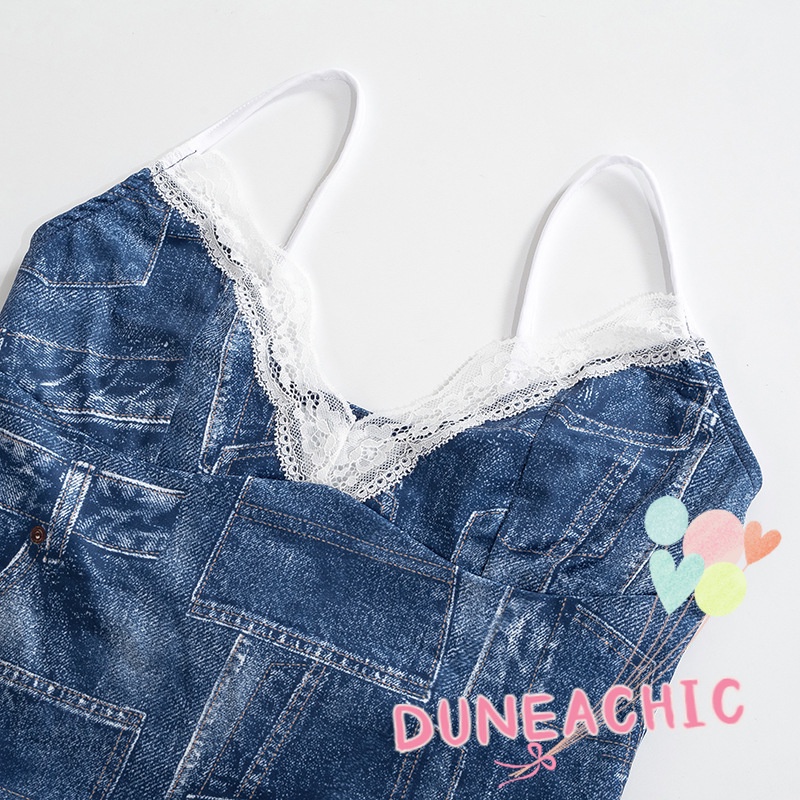 Đầm DUNEA/ Set áo hai dây denim và chân váy DUNEA lưng thấp in họa tiết thời trang mùa hè