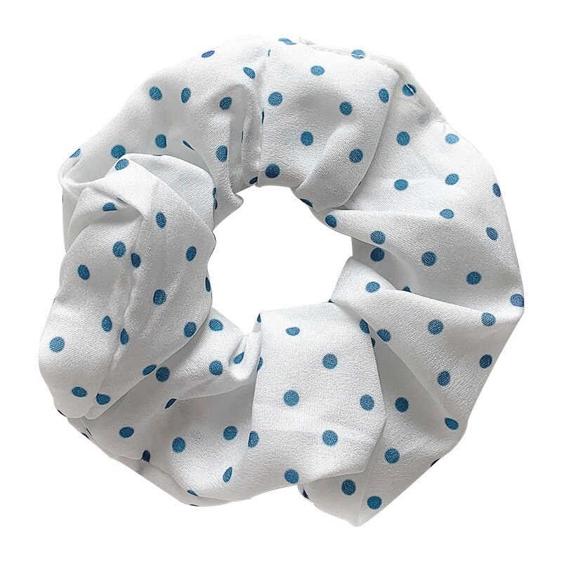 Dây buộc tóc cao su satin chấm bi xanh dương phong cách Pháp đơn giản cổ điển