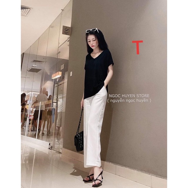 Sét áo croptop cổ tim + quần ống rộng trắng TT12