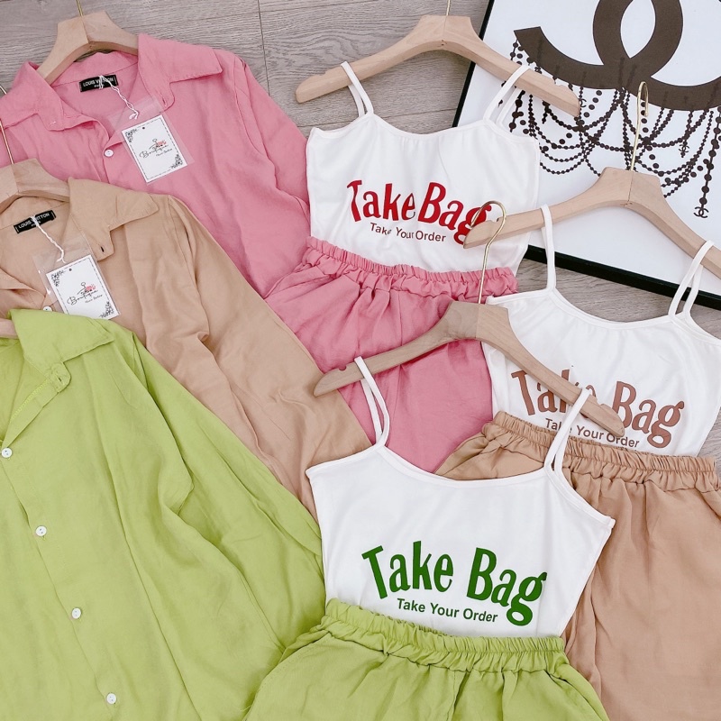 Set 3 món Áo sơ mi dài tay dáng rộng kèm áo 2 dây mix quần sooc đùi chất đũi xước