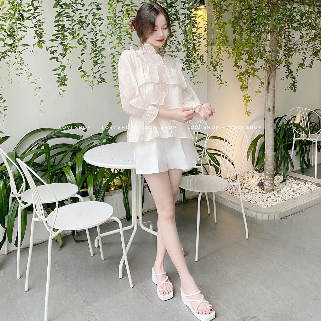 LOVI SHOP- Áo bèo tầng babydoll tay dài cổ V iểu thư nhiều màu xinh xắn chất tơ ánh kim cao cấp