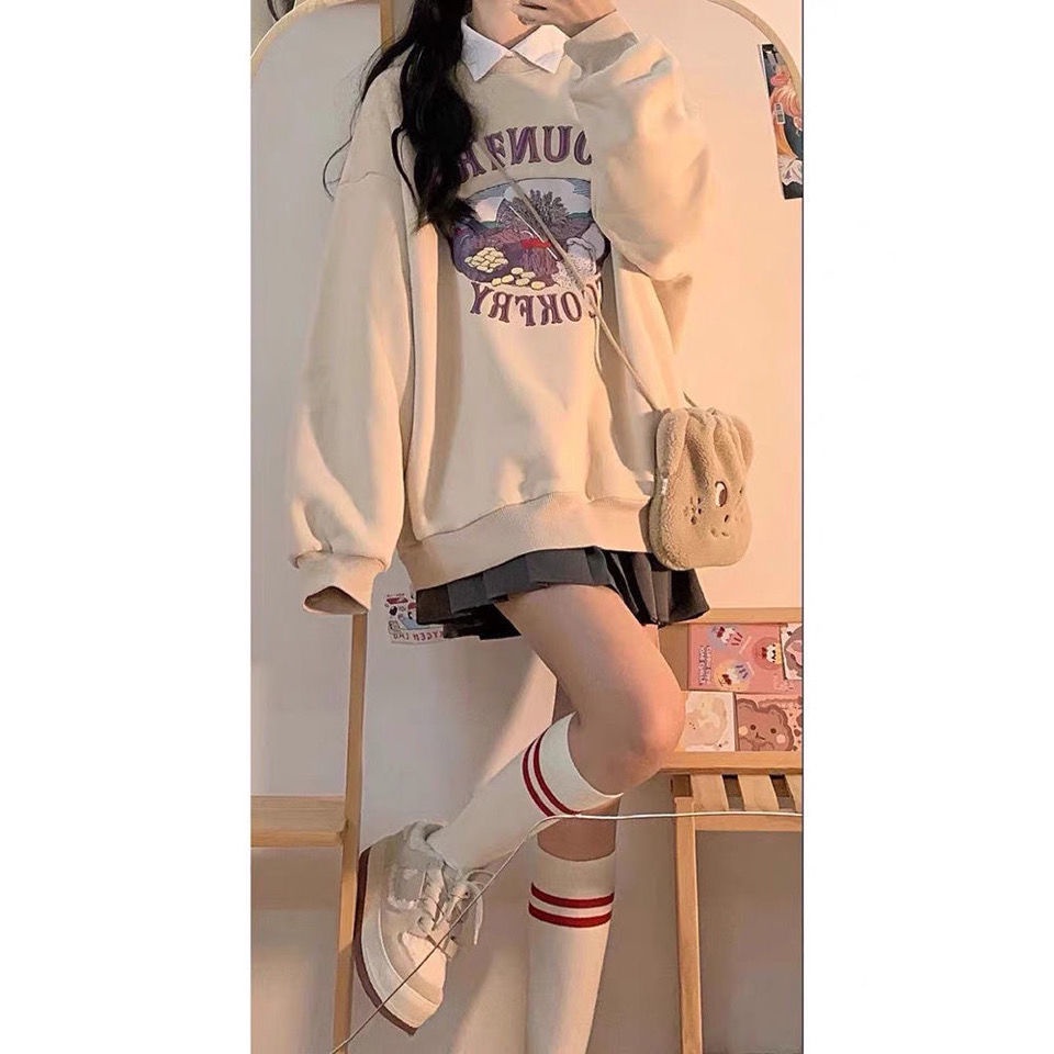 Bộ Áo Hoodie In Họa Tiết + Chân Váy Xếp Ly Lưng Cao Thanh Lịch Thời Trang Cho Nữ