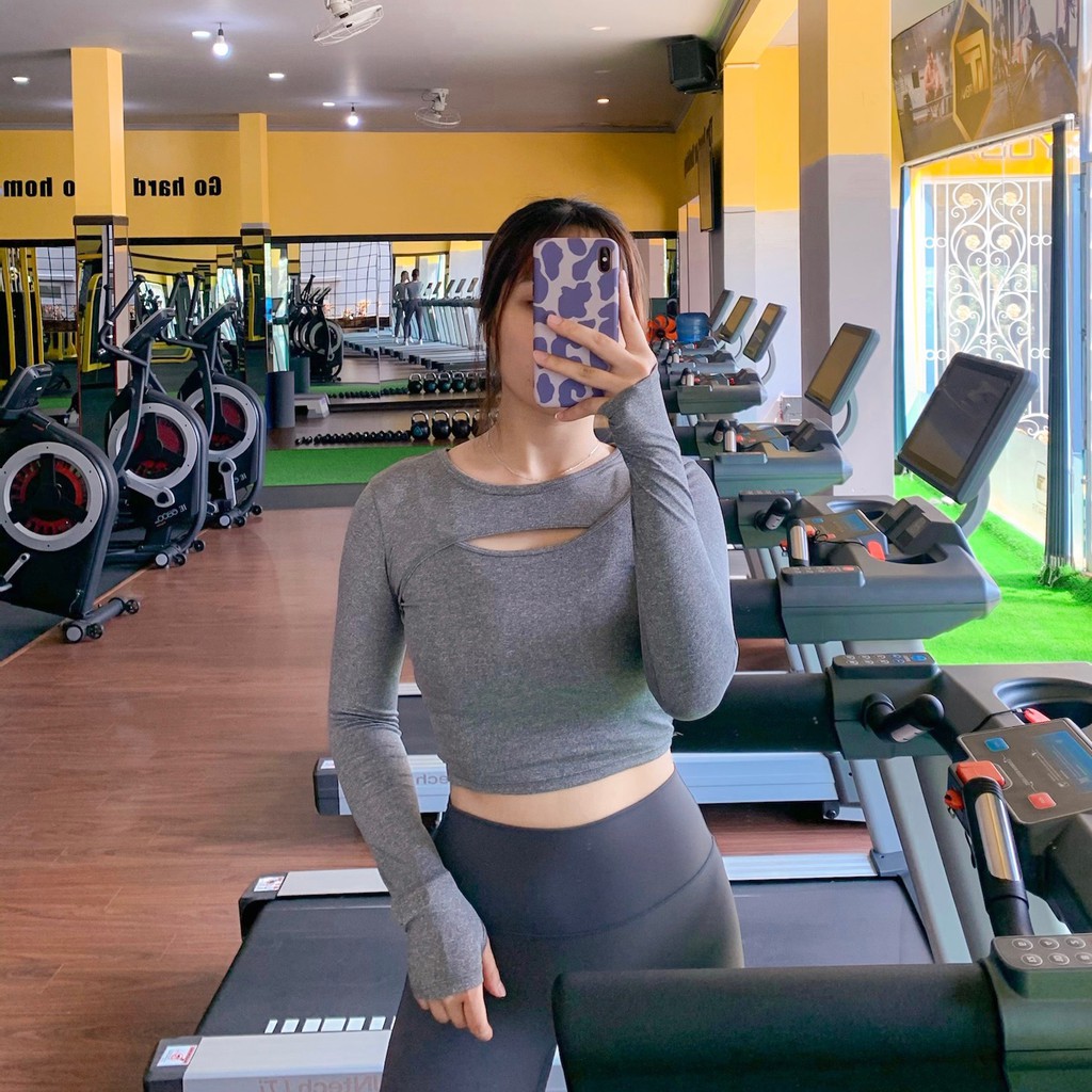 Áo Tập Gym Nữ [CROPTOP] Tay Dài Khoét Ngực Cong Cao Cấp [ĐỒ TẬP GYM NỮ]