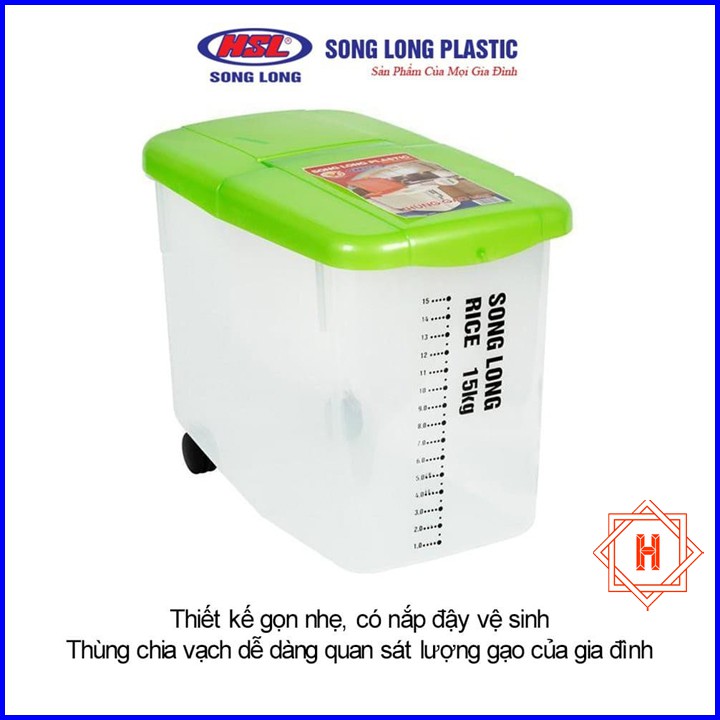 Song Long Plastic Thùng đựng gạo có nắp 10kg, 15kg nhựa cao cấp có bánh xe { H }