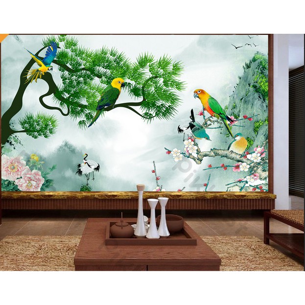 Tranh dán tường Đàn vẹt trên cành cây xanh và hoa đẹp, Tranh 3d dán tường hiện đại (tích hợp sẵn keo) MS1101863