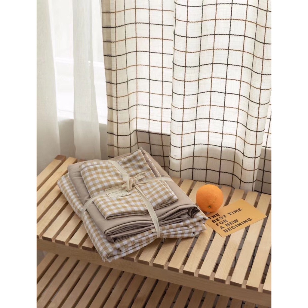 Bộ cotton Tici - Kẻ phối chăn ga (Cotton đũi cao cấp)