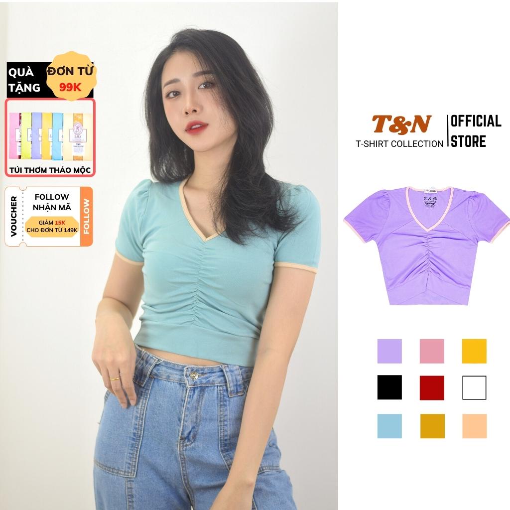 Áo croptop nữ cổ chữ V form ôm body T&amp;N TSHIRT COLLECTION, 9 màu năng động trẻ trung, vải thun Borip Cotton 100% A26150