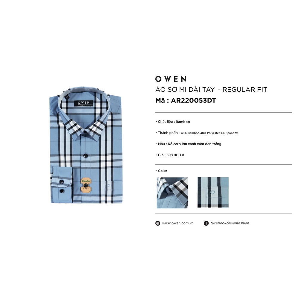 Áo Sơ Mi Nam Dài Tay OWEN AR220053DT Somi Công Sở Vải Sợi Tre Cao Cấp Màu Xanh Caro Đen Trắng Dáng Suông Tà Lượn Có Túi