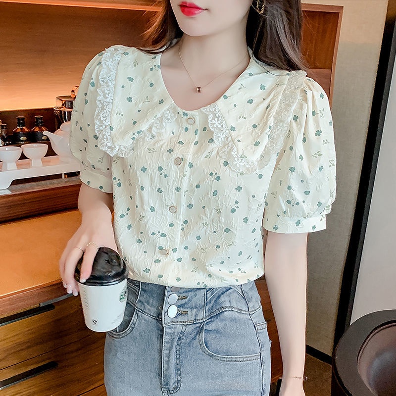 Áo Sơ Mi Voan Tay Ngắn Ống Phồng Họa Tiết Hoa Thời Trang Cho Nữ