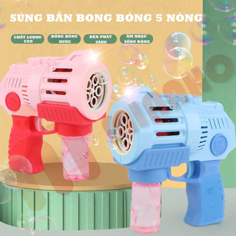 Súng bắn bong bóng 5 nòng - Đèn led siêu đẹp - Bền đẹp - ( tặng kèm 4pinAAA +2túi pha bong bóng )