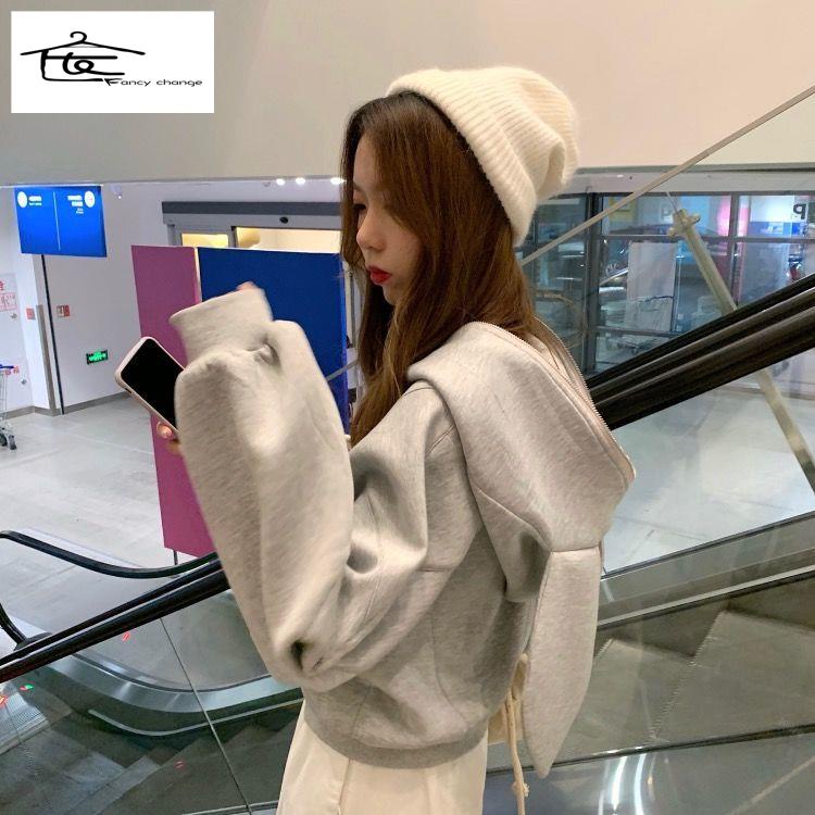 Áo Hoodie Ngắn Dáng Rộng In Hình Tai Thỏ Dễ Thương Thời Trang Mùa Thu Cho Nữ