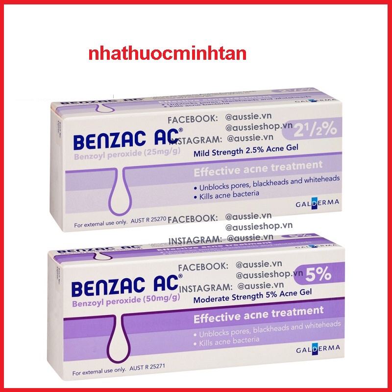 Kem chấm giảm mụn Benzac 2.5% và 5% Benzoyl Peroxide 15g