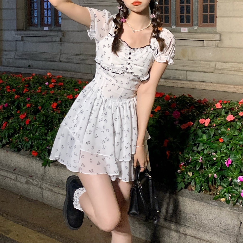 Váy Hoa Cổ Vuông Tay Phồng Thời Trang Hè Đầm Chữ A Đính Nơ Nữ