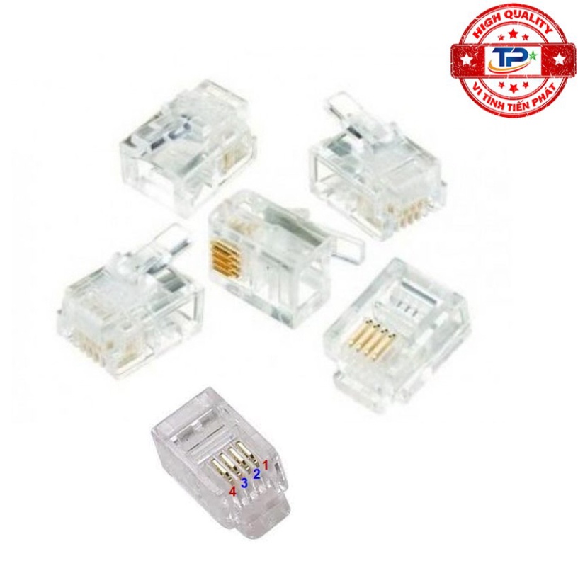 Hộp 100 đầu cáp điện thoại RJ11 nhựa 4 chân  - Dùng hạt bấm cho dây cáp điện thoại bàn