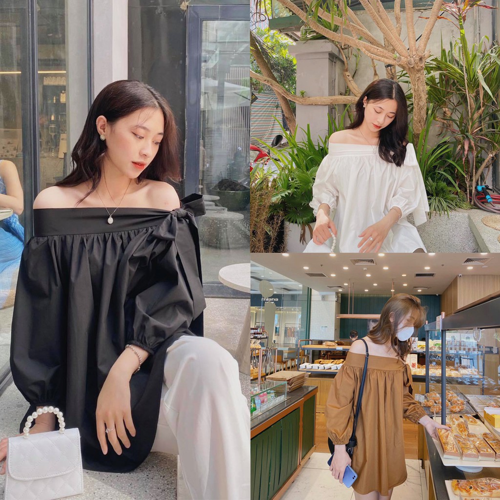 Áo trễ vai bèo buộc nơ bên Ulzzang (hàng QC) - Ảnh thật