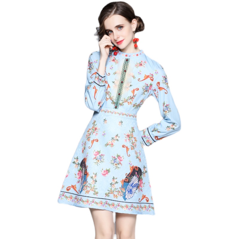 Đầm Tay Dài In Họa Tiết Kiểu Retro Thời Trang Cho Nữ
