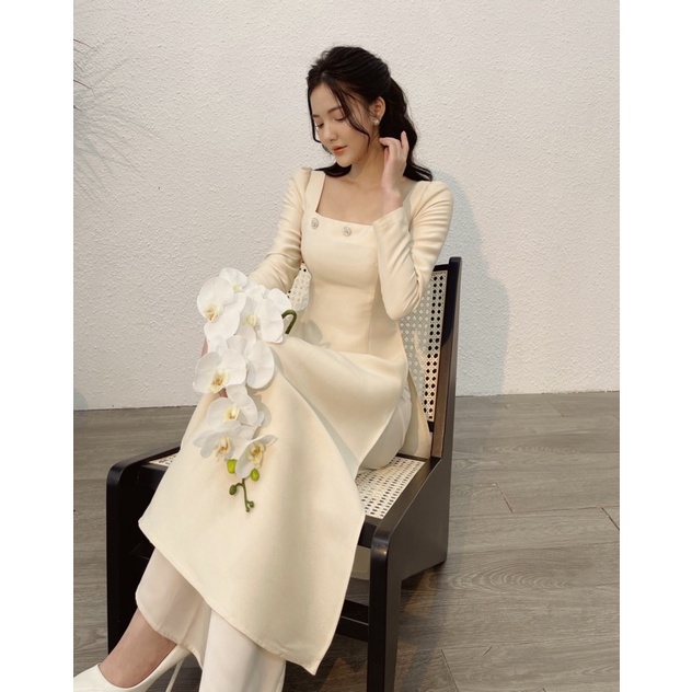 ✿❃Áo dài LAYLA thiết kế cách tân H.I.U ROOM , tay cổ vuông phong tiểu thư fullset kèm quần lụa design.