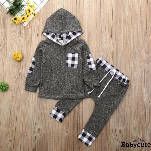 ✪B-BAutumn Winter Fashion Baby Boy Girl Kids Plaid Clothes Long Sleeve Hoodie Tops Sweatshirt Pants Outfit Set