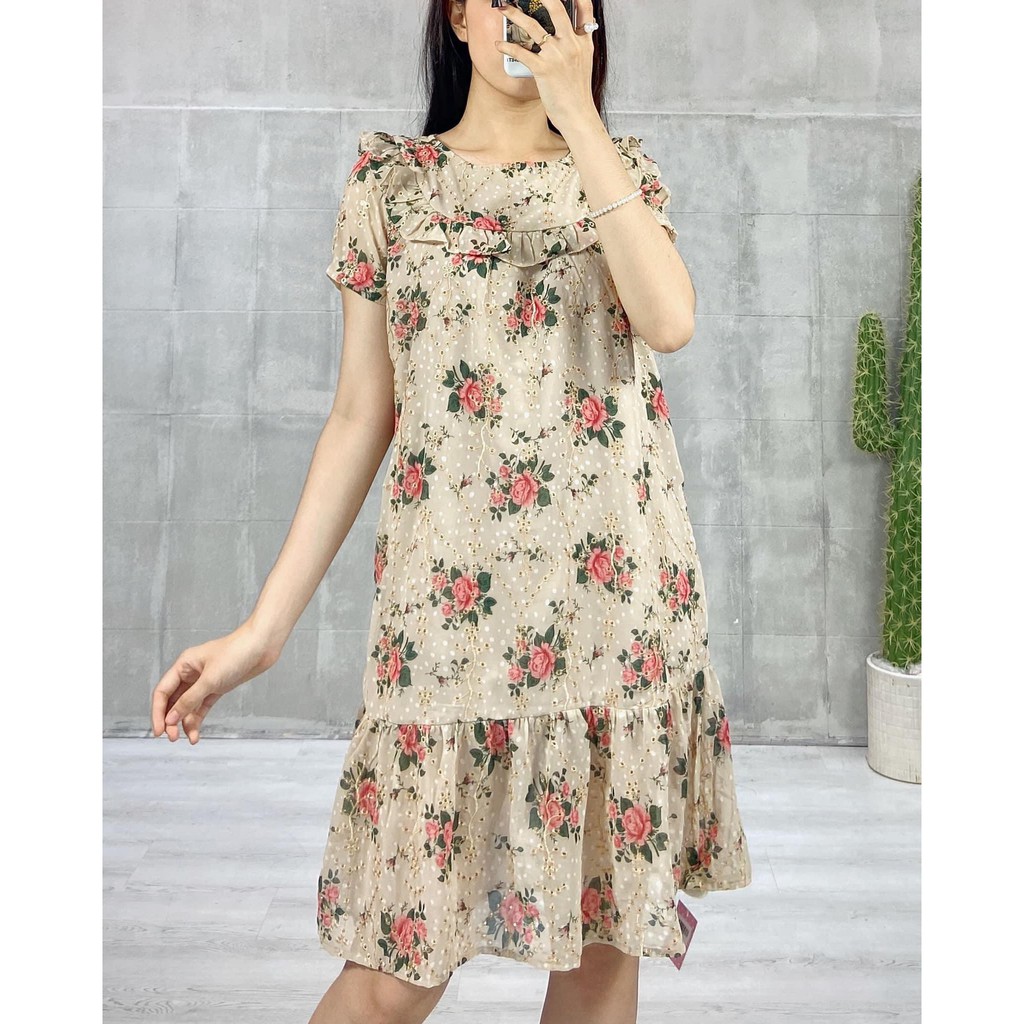 Đầm hoa cổ tròn tay ngắn phong cách thời trang Hàn Quốc cho nữ