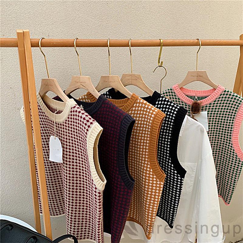 Áo Dệt Kim Không Tay Cổ Tròn Màu Sắc Tương Phản Phong Cách Retro Thời Trang Mùa Thu Cho Nữ