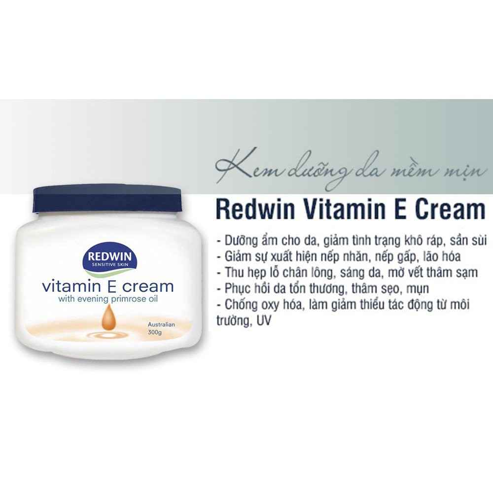 Dưỡng Thể Vitamin E Redwin Có Chứa Tinh Dầu Hoa Anh Thảo Cấp Ẩm, Làm Sáng Da Body Cream - NEDEVI Chính Hãng