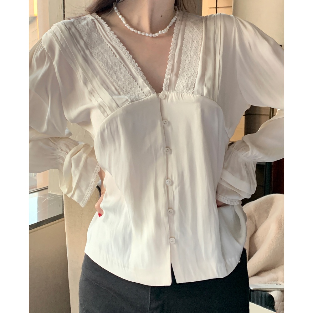 Áo sơ mi tay dài cổ chữ V phối ren thời trang dành cho phái nữ 42456v