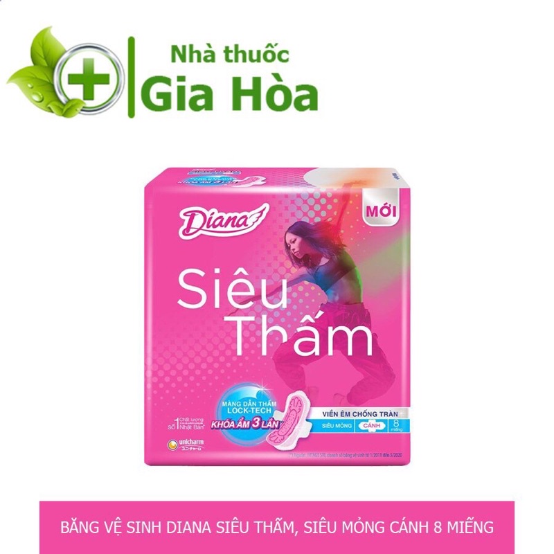 Băng vệ sinh Diana siêu thấm siêu mỏng cánh, viền êm chống tràn, khoá ẩm gấp 3 lần (Gói 8 miếng)