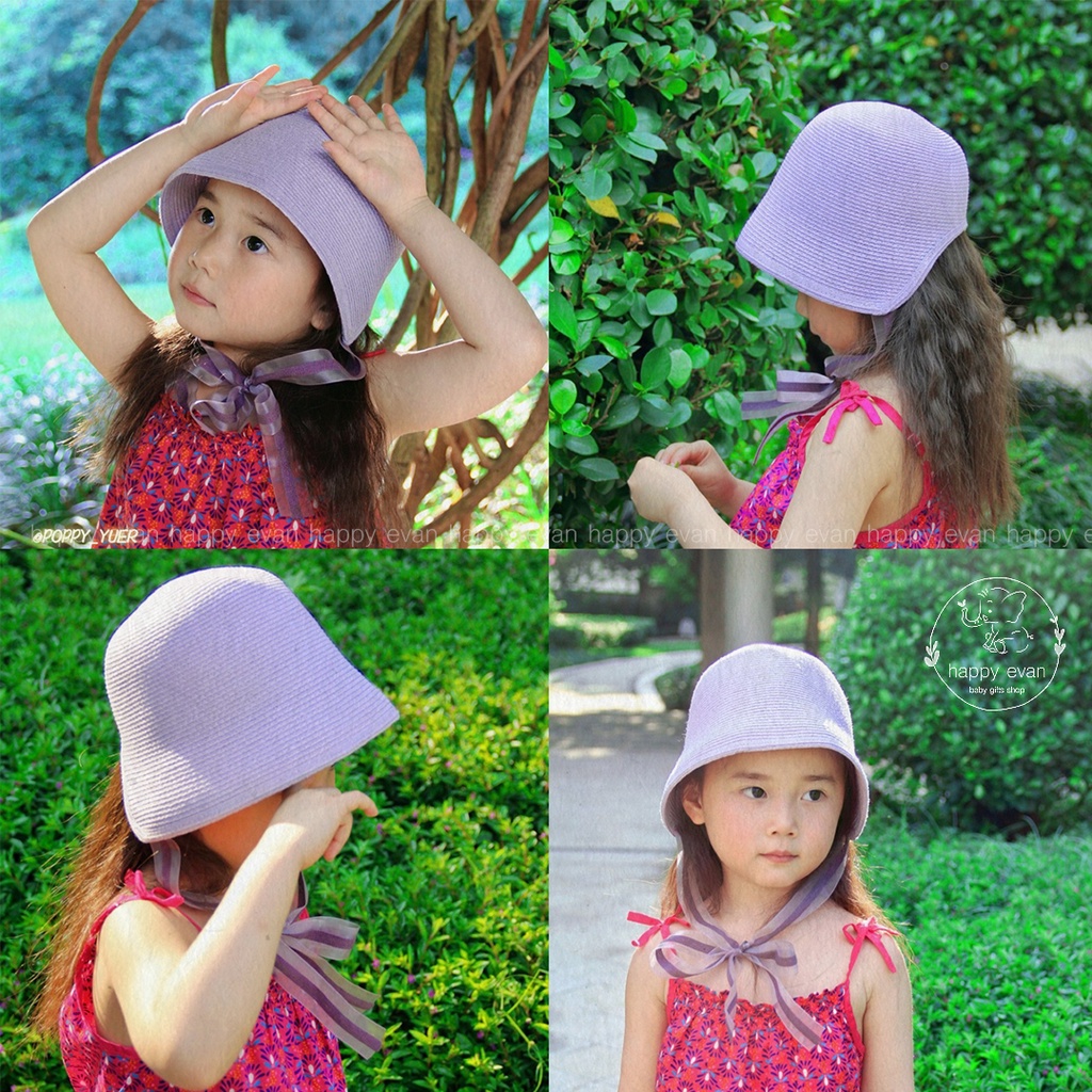 🅷.🄴🅅🄰🄽 [Vòng đầu 48-52cm] Nón cói tiểu thư cho bé gái, có dây cột dài, che nắng, cản tia UV, mềm nhẹ giữ form.