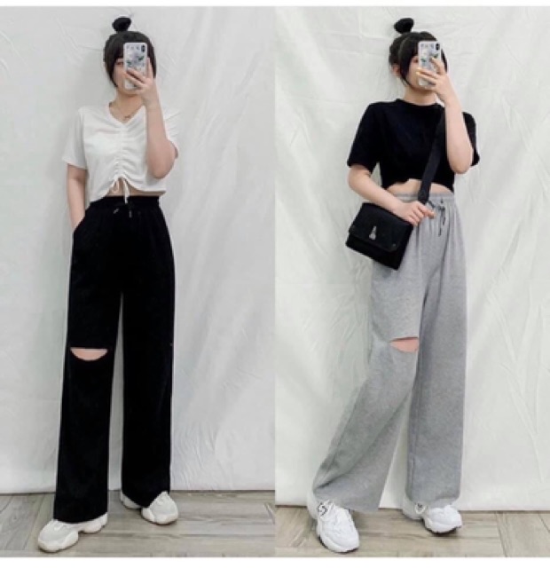 Quần nỉ CULLOT trơn rách⚡️FREESHIP EXTRA⚡️, dài 100cm ,sang xịn mịn không xù