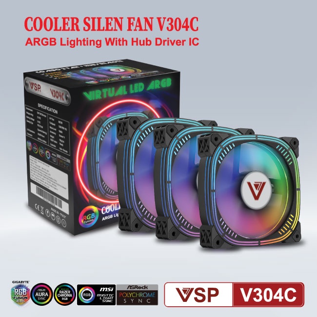 Bộ 3 Fan VSP V304C Led RGB kèm hub và remote Cho Case kính cường lực