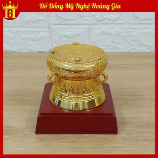 Quả trống đồng đúc nguyên khối mạ vàng 24K, TẶNG ĐẾ GỖ VÀ HỘP ĐỰNG