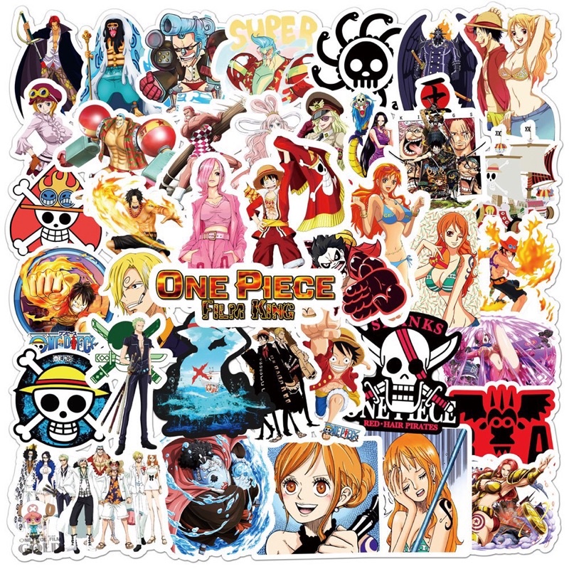 Set 50 Sticker PVC Chống Thấm Nước One Piece - Đảo Hải Tặc  Dán Vali, Mũ Bảo Hiểm, Laptop, Guitar, Ván Trượt, Bình Nước