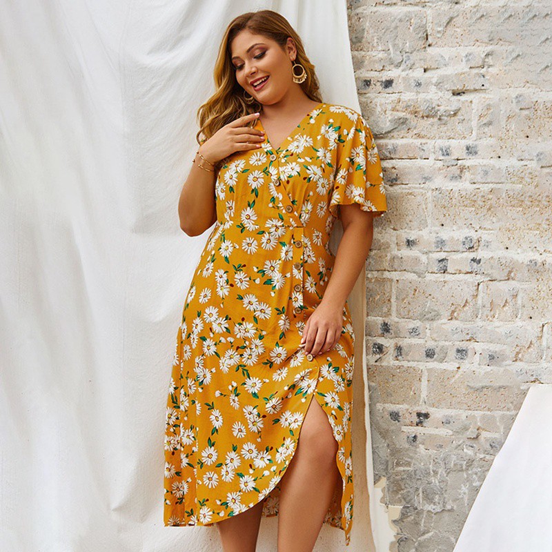 Summer Beach Floral Dress Women Long Dress Ladies Elegant Party Dress Print Oversized Dresses for Women Yellow XL