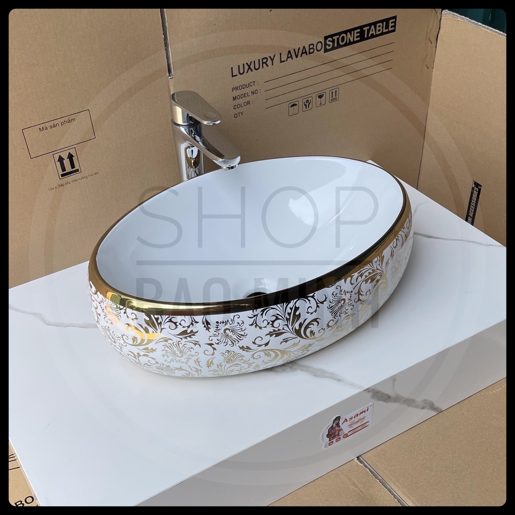 Chậu rửa mặt - Lavabo elip hoa văn vàng cao cấp, kích thước  50x31cm.