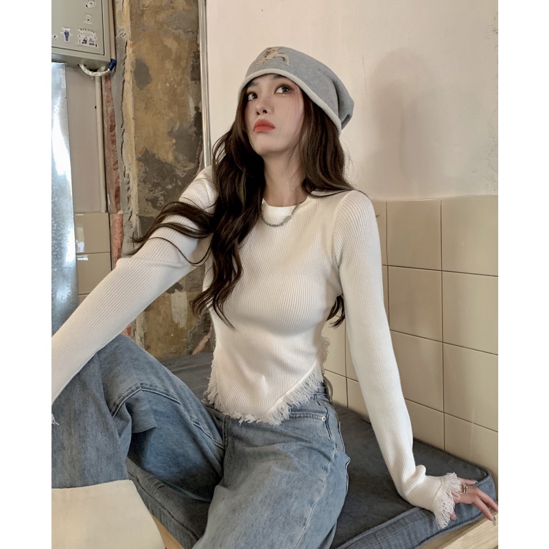Porozi  Áo sweater dệt kim  tay dài màu đen phong cách Hàn Quốc thời trang cho nữ