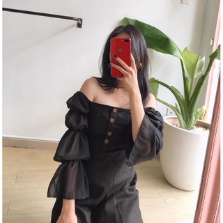Đầm tay nhún linen