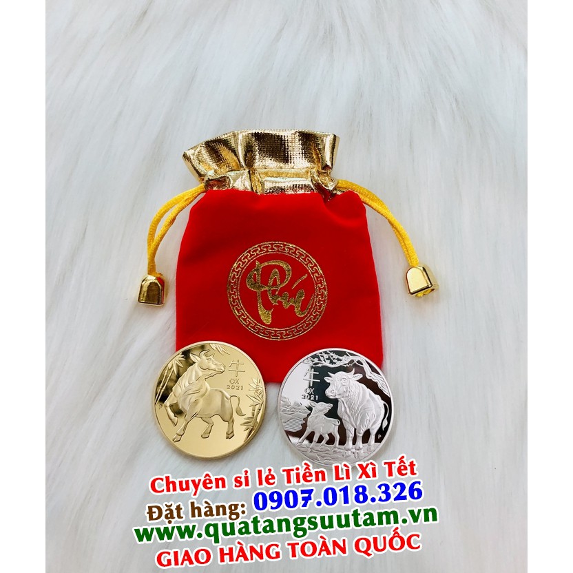 Cặp Đồng Tiền Xu Con Trâu Úc Mạ Vàng Bạc đi kèm túi nhung chữ PHÚC Lì Xì Tết 2021
